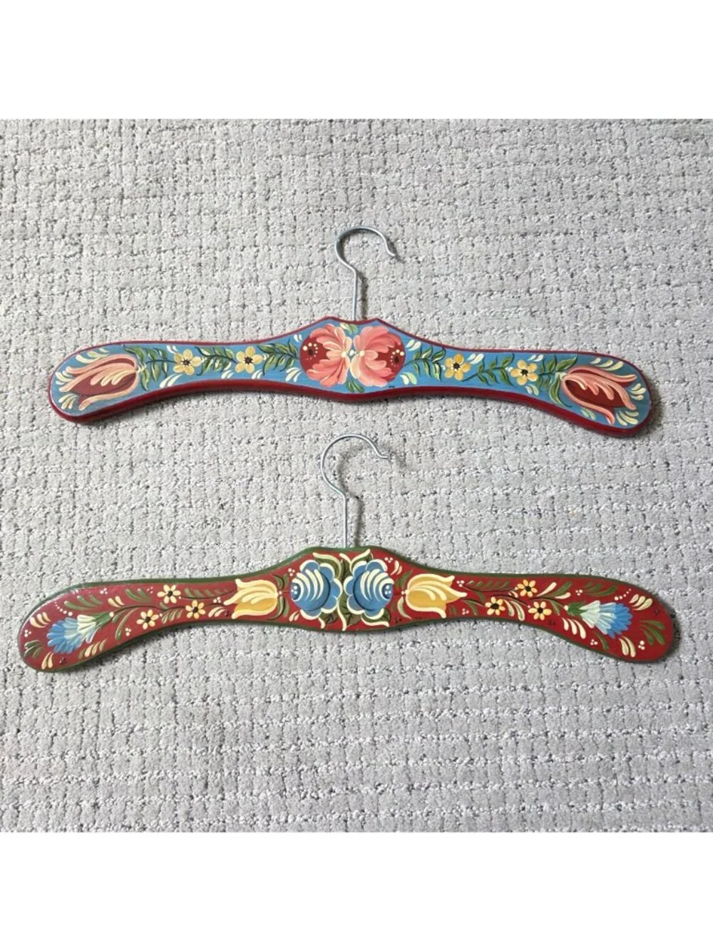 Hand Painted Wooden Clothes Hangers Folk Art Germany Cottage Boho Signed Set 2